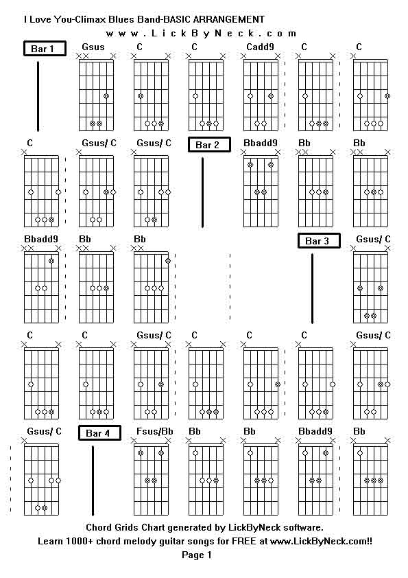 Chord Grids Chart of chord melody fingerstyle guitar song-I Love You-Climax Blues Band-BASIC ARRANGEMENT,generated by LickByNeck software.